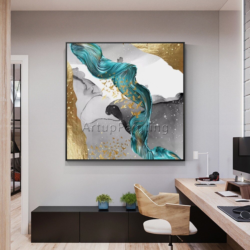 Pinturas al &oacute;leo abstractas modernas pintadas a mano, pinturas al &oacute;leo de oro blanco verde sobre lienzo, arte de pared, im&aacute;genes de decoraci&oacute;n del hogar para sala de estar