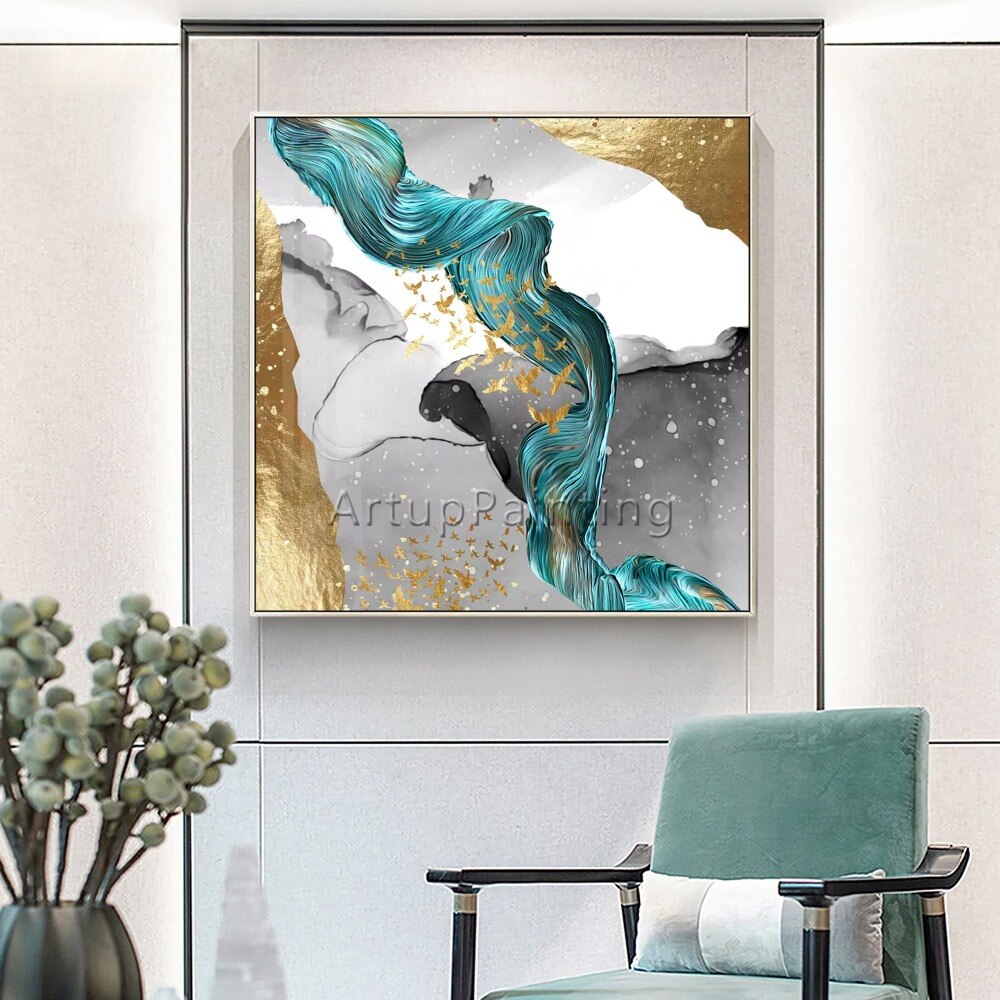 Pinturas al &oacute;leo abstractas modernas pintadas a mano, pinturas al &oacute;leo de oro blanco verde sobre lienzo, arte de pared, im&aacute;genes de decoraci&oacute;n del hogar para sala de estar