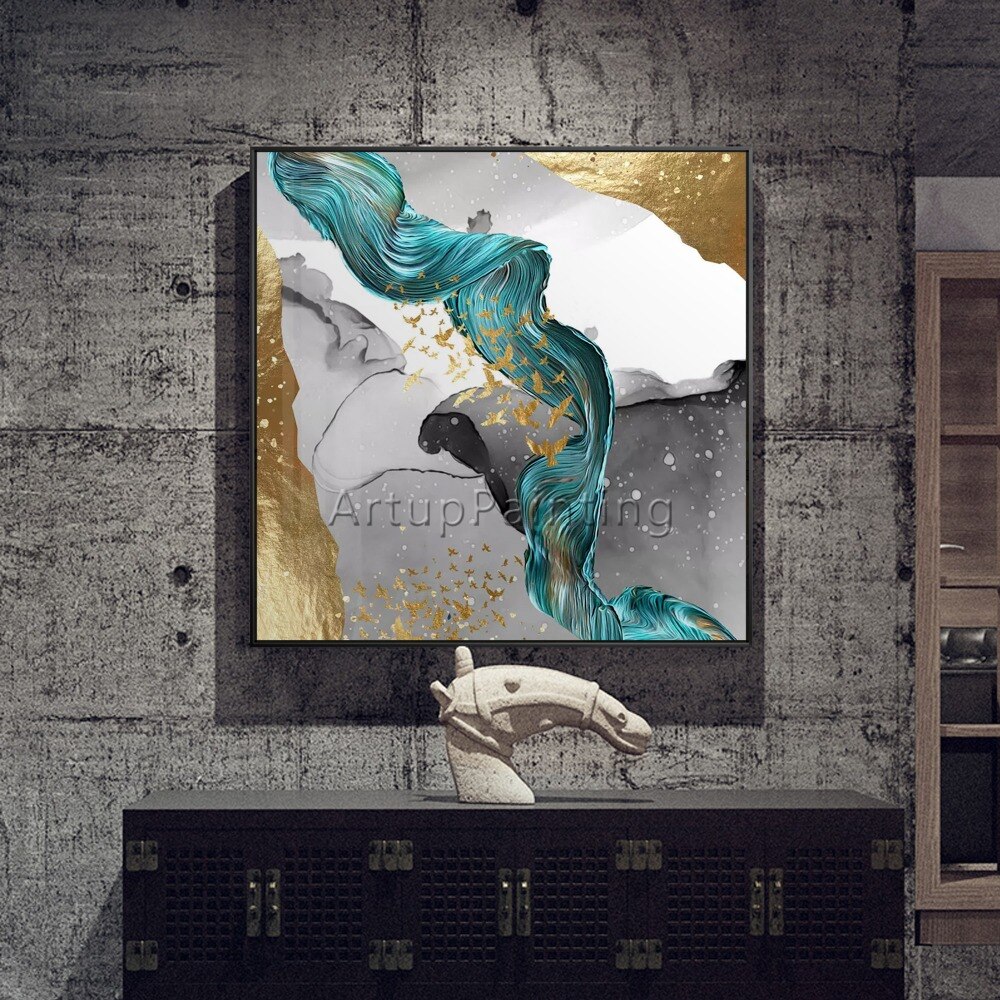 Pinturas al &oacute;leo abstractas modernas pintadas a mano, pinturas al &oacute;leo de oro blanco verde sobre lienzo, arte de pared, im&aacute;genes de decoraci&oacute;n del hogar para sala de estar