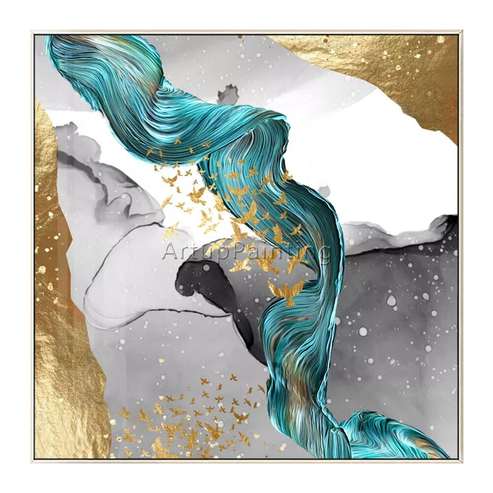 Pinturas al &oacute;leo abstractas modernas pintadas a mano, pinturas al &oacute;leo de oro blanco verde sobre lienzo, arte de pared, im&aacute;genes de decoraci&oacute;n del hogar para sala de estar