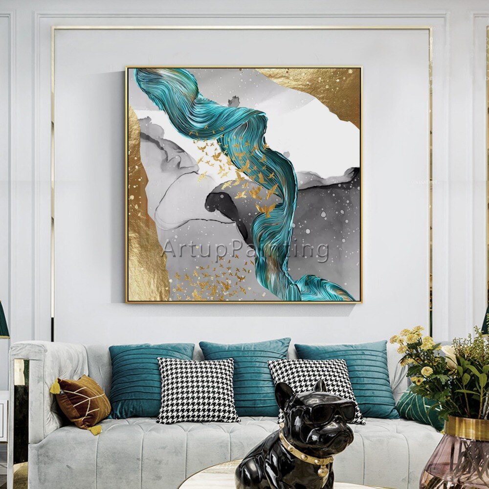 Pinturas al &oacute;leo abstractas modernas pintadas a mano, pinturas al &oacute;leo de oro blanco verde sobre lienzo, arte de pared, im&aacute;genes de decoraci&oacute;n del hogar para sala de estar