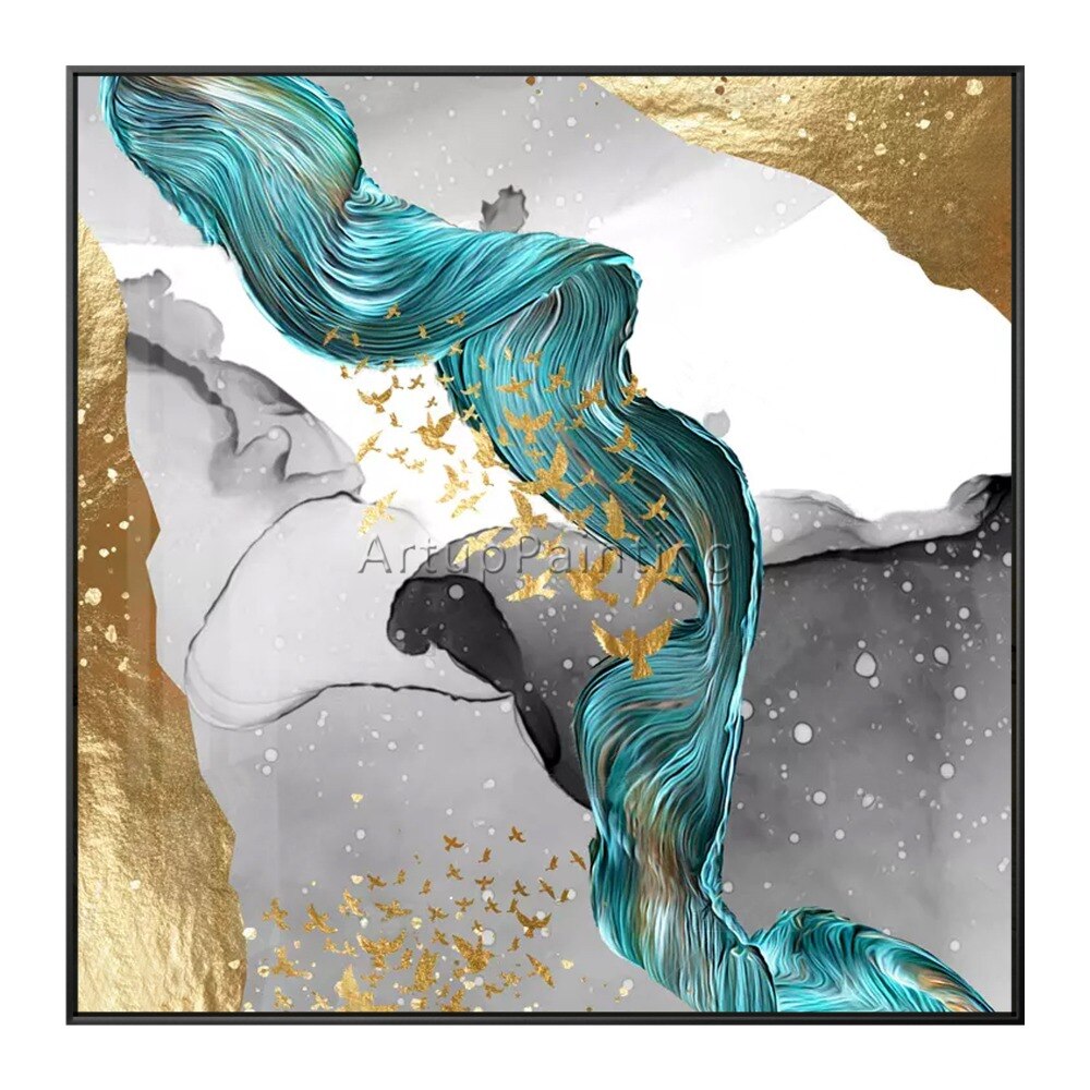 Pinturas al &oacute;leo abstractas modernas pintadas a mano, pinturas al &oacute;leo de oro blanco verde sobre lienzo, arte de pared, im&aacute;genes de decoraci&oacute;n del hogar para sala de estar