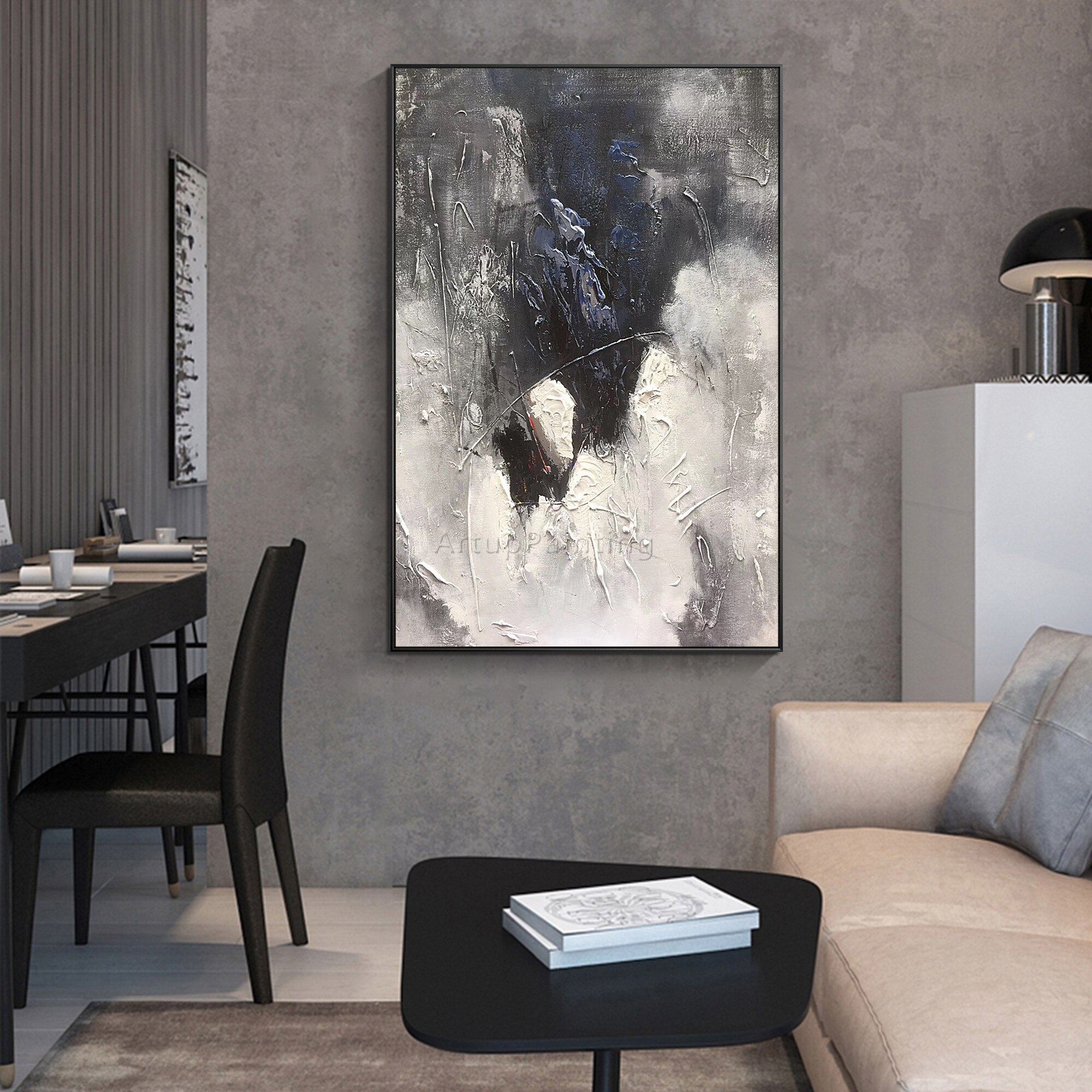 Pintura abstracta moderna a mano en blanco y negro sobre lienzo, pintura al &oacute;leo de textura pesada, imagen art&iacute;stica de pared grande acr&iacute;lica para decoraci&oacute;n del hogar