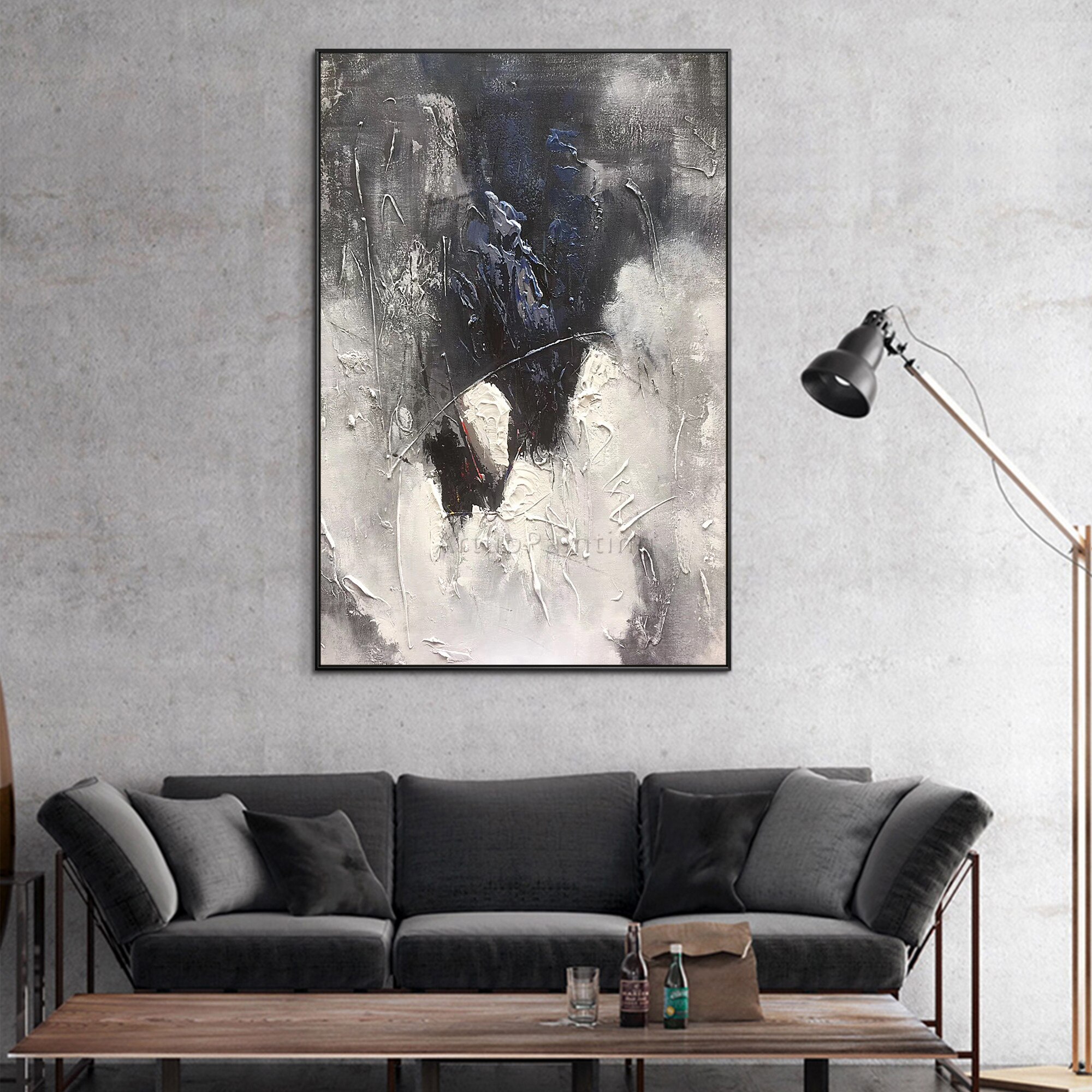 Pintura abstracta moderna a mano en blanco y negro sobre lienzo, pintura al &oacute;leo de textura pesada, imagen art&iacute;stica de pared grande acr&iacute;lica para decoraci&oacute;n del hogar