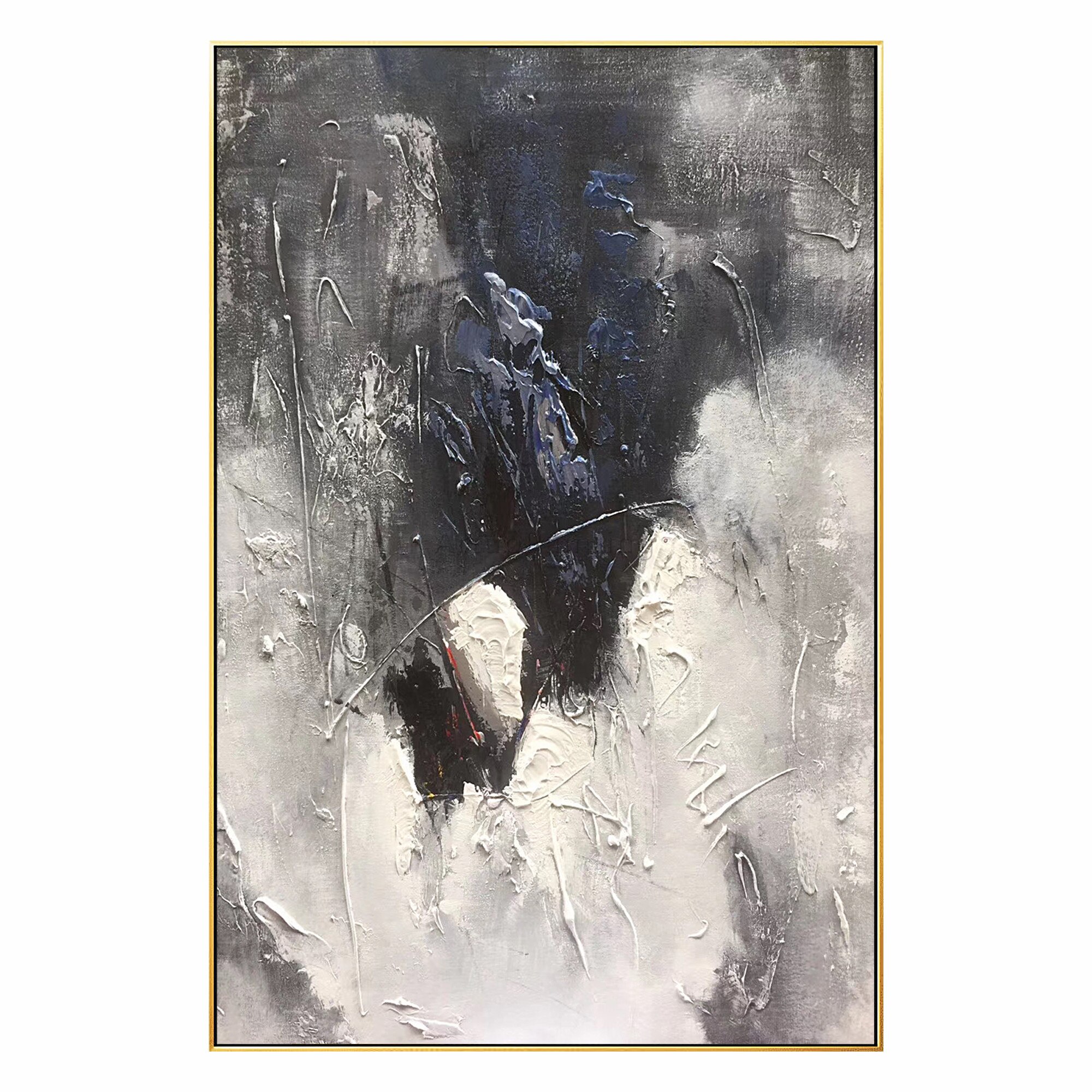 Pintura abstracta moderna a mano en blanco y negro sobre lienzo, pintura al &oacute;leo de textura pesada, imagen art&iacute;stica de pared grande acr&iacute;lica para decoraci&oacute;n del hogar
