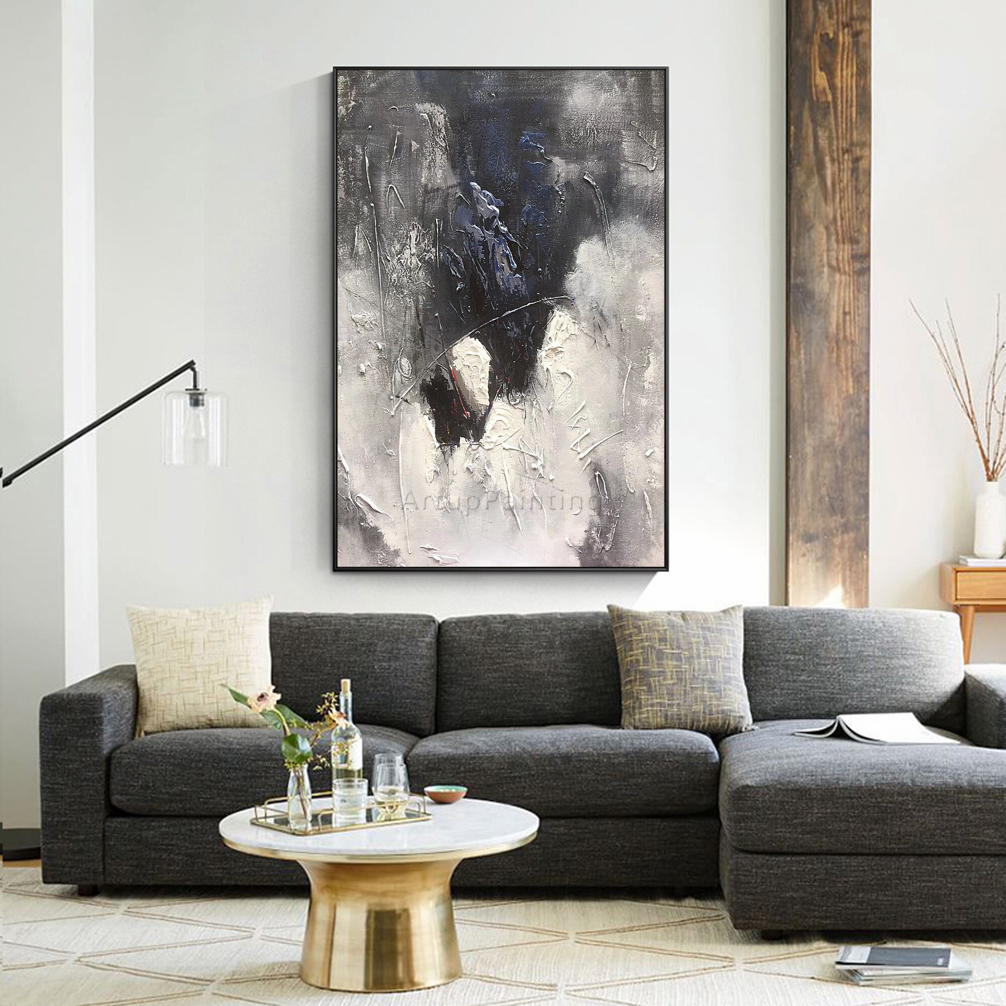 Pintura abstracta moderna a mano en blanco y negro sobre lienzo, pintura al &oacute;leo de textura pesada, imagen art&iacute;stica de pared grande acr&iacute;lica para decoraci&oacute;n del hogar