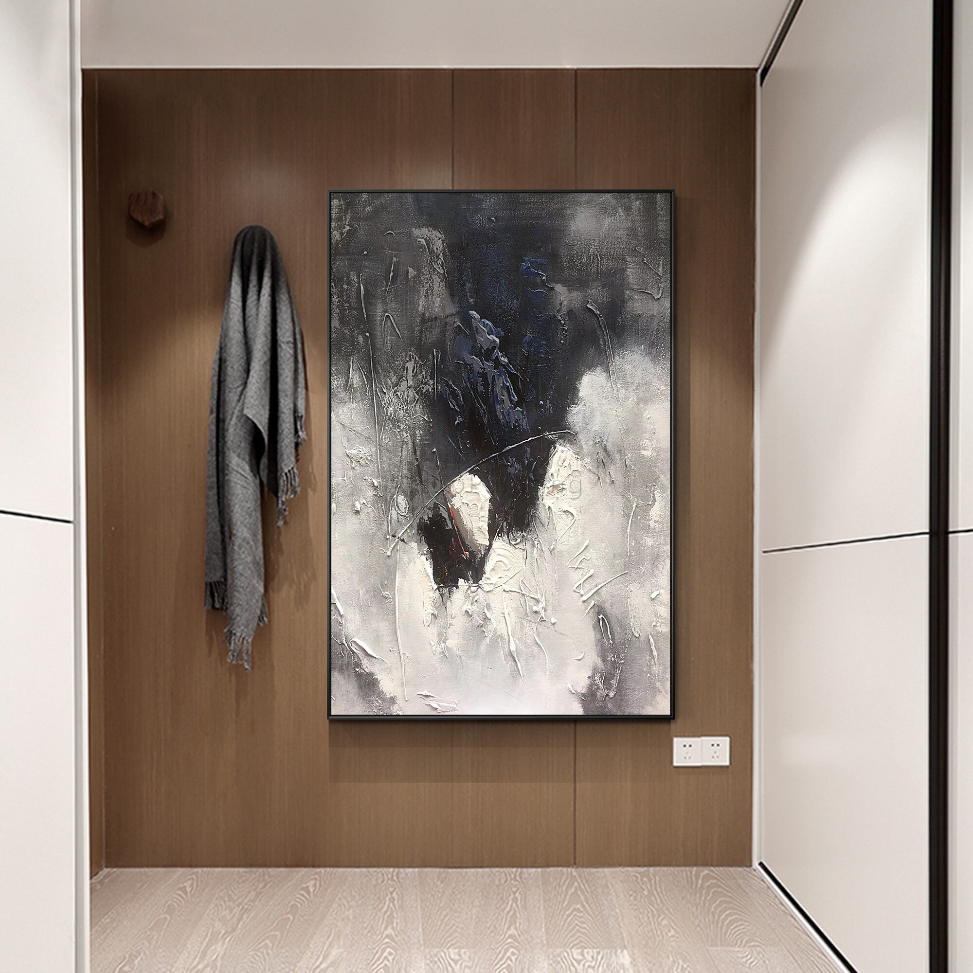 Pintura abstracta moderna a mano en blanco y negro sobre lienzo, pintura al &oacute;leo de textura pesada, imagen art&iacute;stica de pared grande acr&iacute;lica para decoraci&oacute;n del hogar