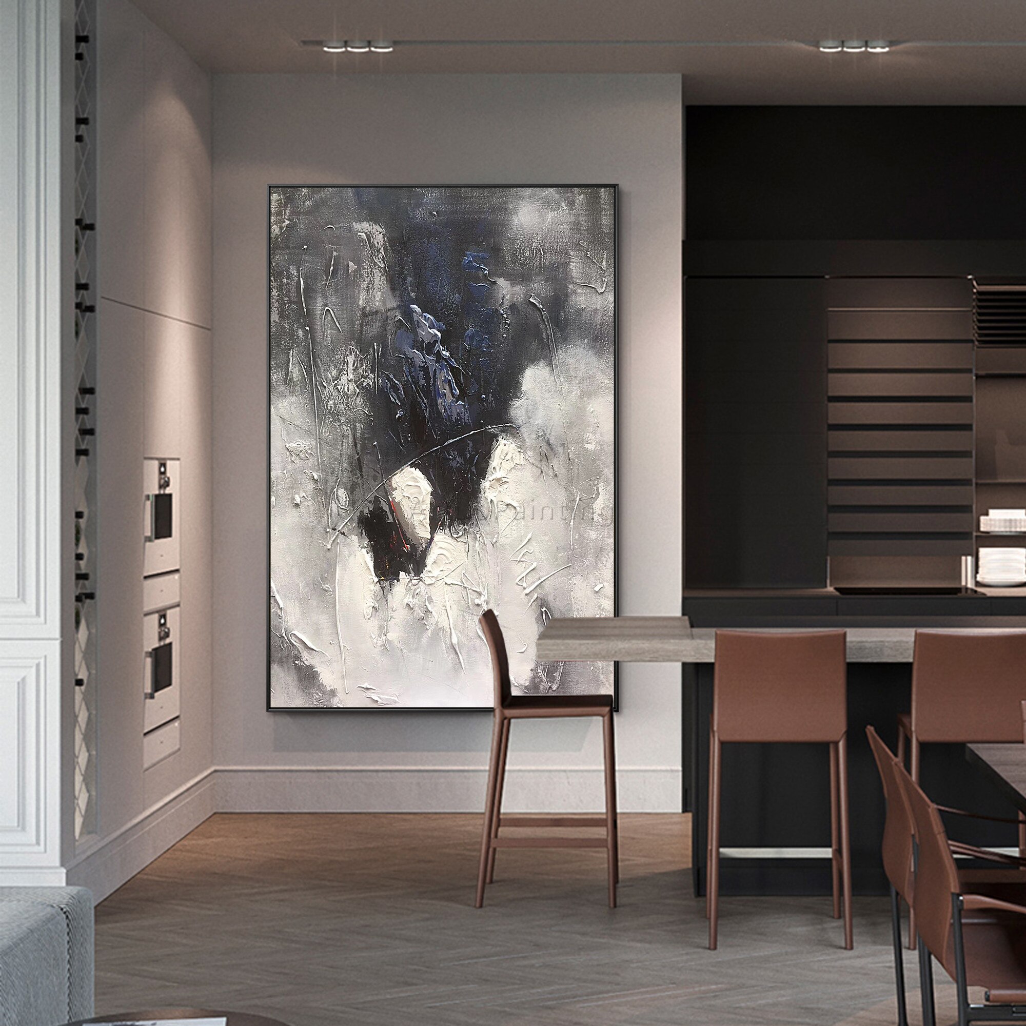 Pintura abstracta moderna a mano en blanco y negro sobre lienzo, pintura al &oacute;leo de textura pesada, imagen art&iacute;stica de pared grande acr&iacute;lica para decoraci&oacute;n del hogar