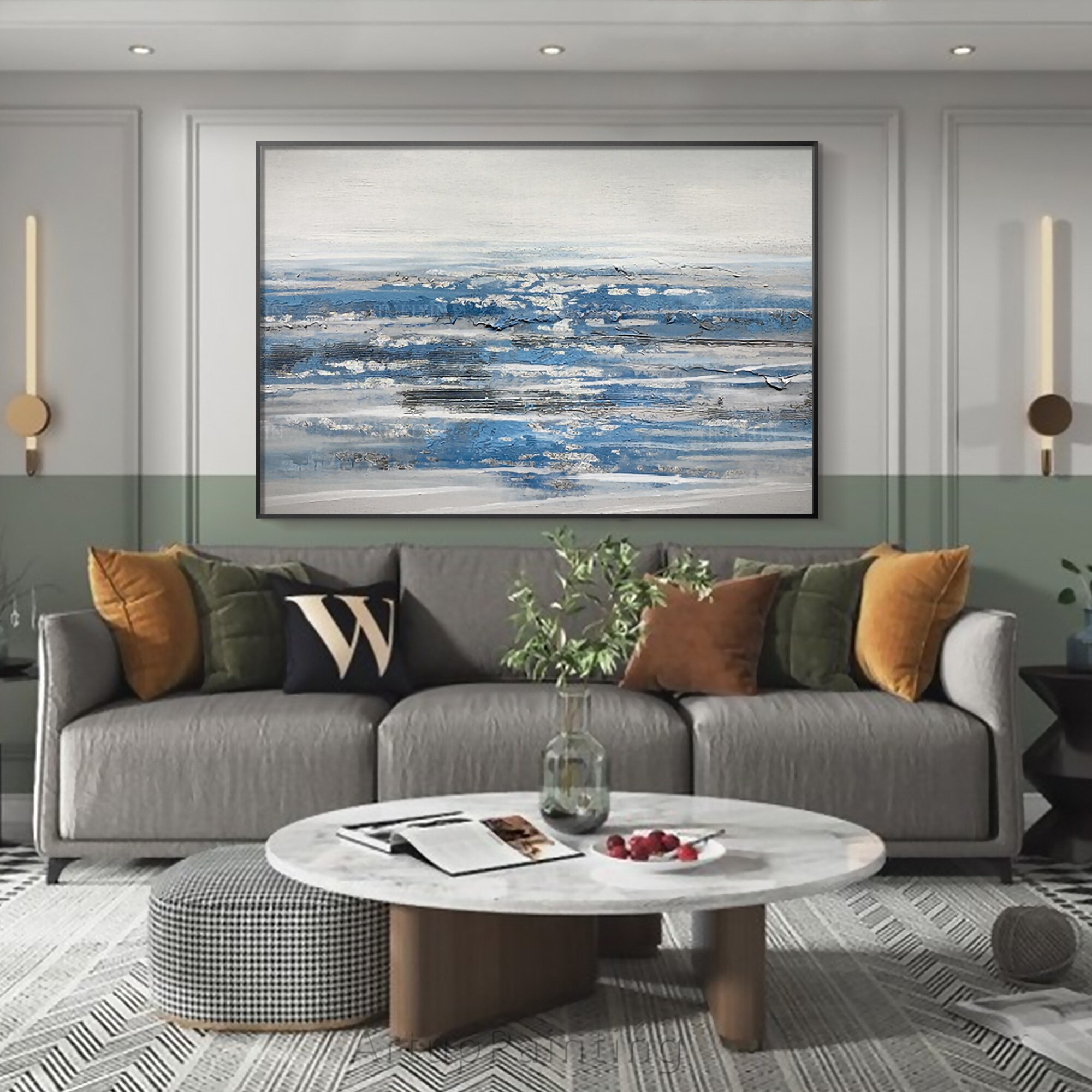 Pintura acr&iacute;lica minimalista sobre lienzo para decoraci&oacute;n del hogar, arte abstracto para pared, sala de estar, Caudros, gris, azul, Oc&eacute;ano