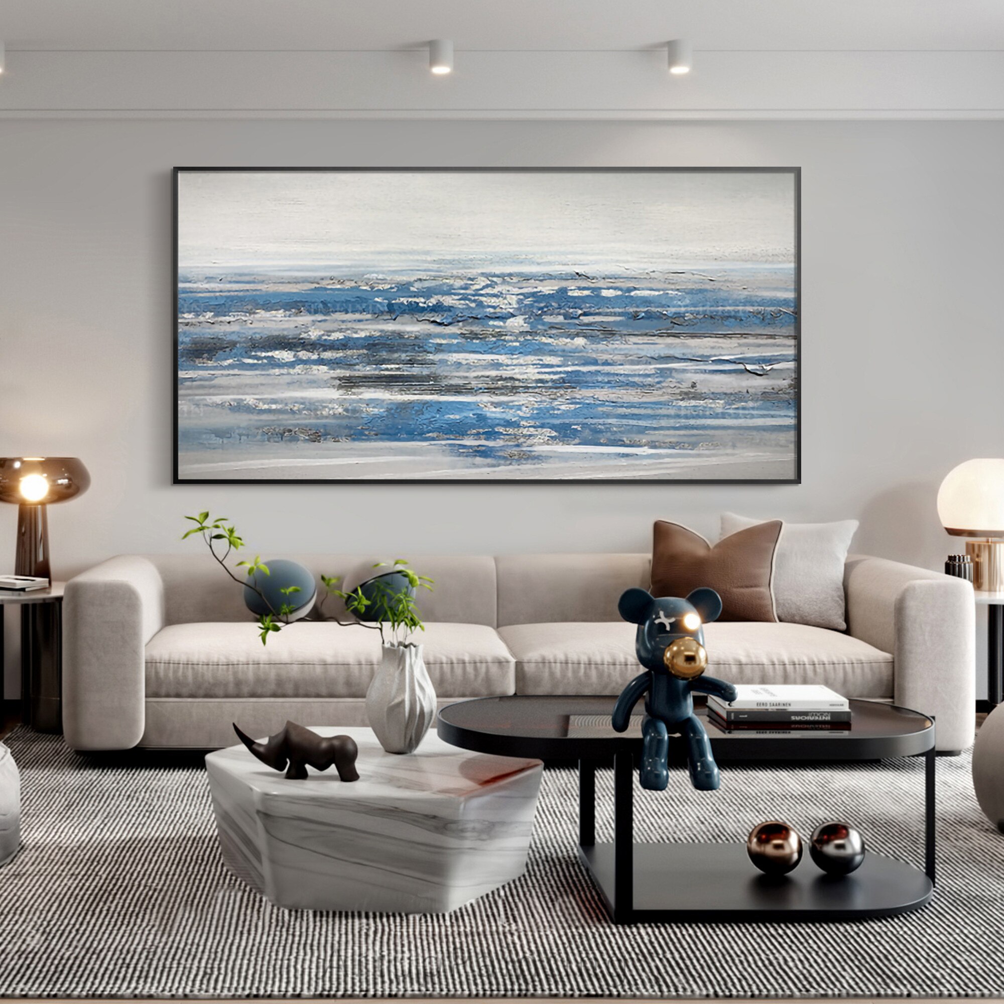 Pintura acr&iacute;lica minimalista sobre lienzo para decoraci&oacute;n del hogar, arte abstracto para pared, sala de estar, Caudros, gris, azul, Oc&eacute;ano