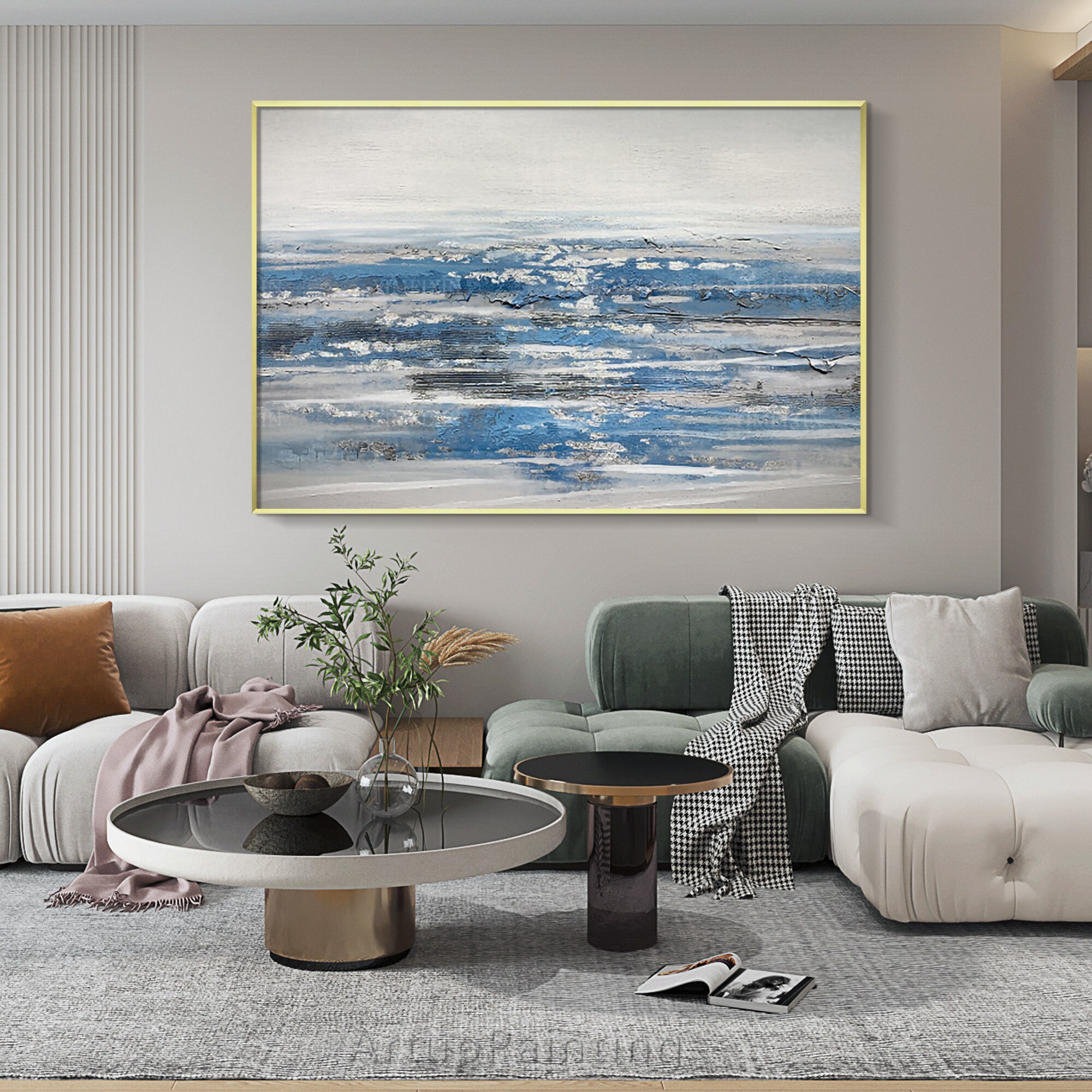 Pintura acr&iacute;lica minimalista sobre lienzo para decoraci&oacute;n del hogar, arte abstracto para pared, sala de estar, Caudros, gris, azul, Oc&eacute;ano