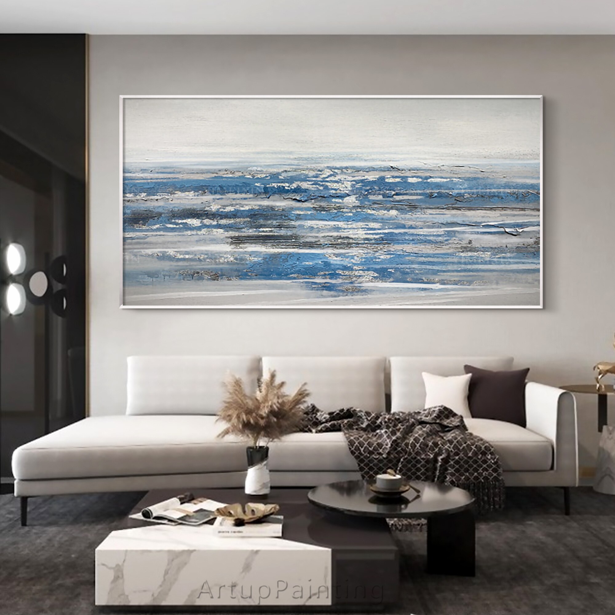 Pintura acr&iacute;lica minimalista sobre lienzo para decoraci&oacute;n del hogar, arte abstracto para pared, sala de estar, Caudros, gris, azul, Oc&eacute;ano