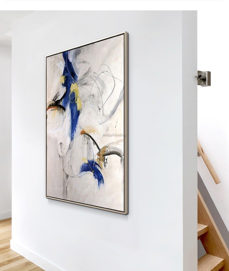Pintura acr&iacute;lica moderna, arte azul pintado a mano sobre lienzo, im&aacute;genes art&iacute;sticas de pared originales para sala de estar, cuadros abstractos