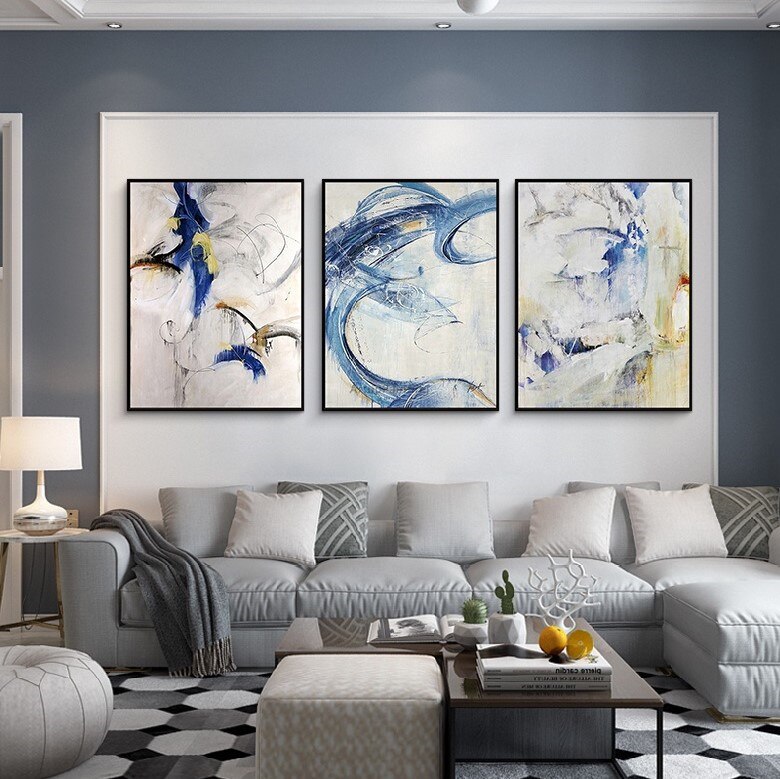 Pintura acr&iacute;lica moderna, arte azul pintado a mano sobre lienzo, im&aacute;genes art&iacute;sticas de pared originales para sala de estar, cuadros abstractos