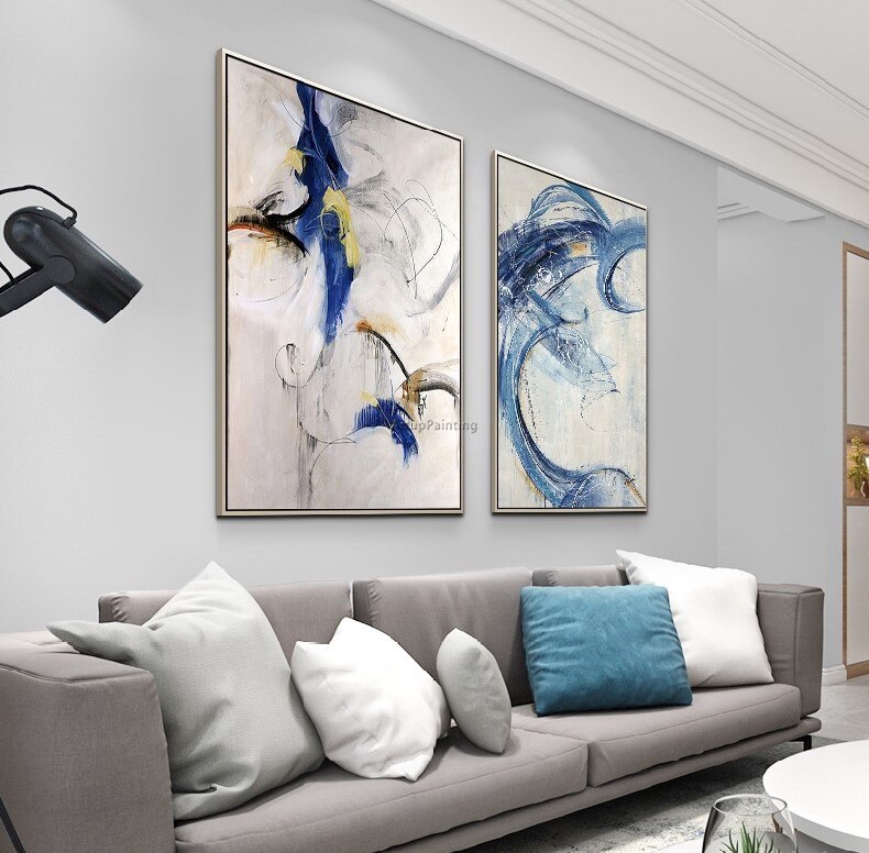 Pintura acr&iacute;lica moderna, arte azul pintado a mano sobre lienzo, im&aacute;genes art&iacute;sticas de pared originales para sala de estar, cuadros abstractos