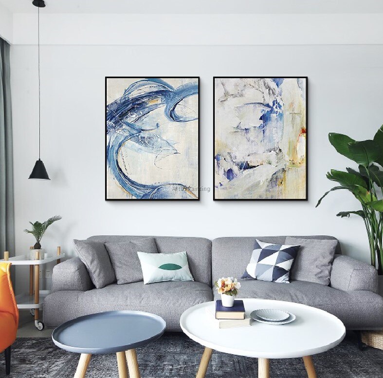 Pintura acr&iacute;lica moderna, arte azul pintado a mano sobre lienzo, im&aacute;genes art&iacute;sticas de pared originales para sala de estar, cuadros abstractos