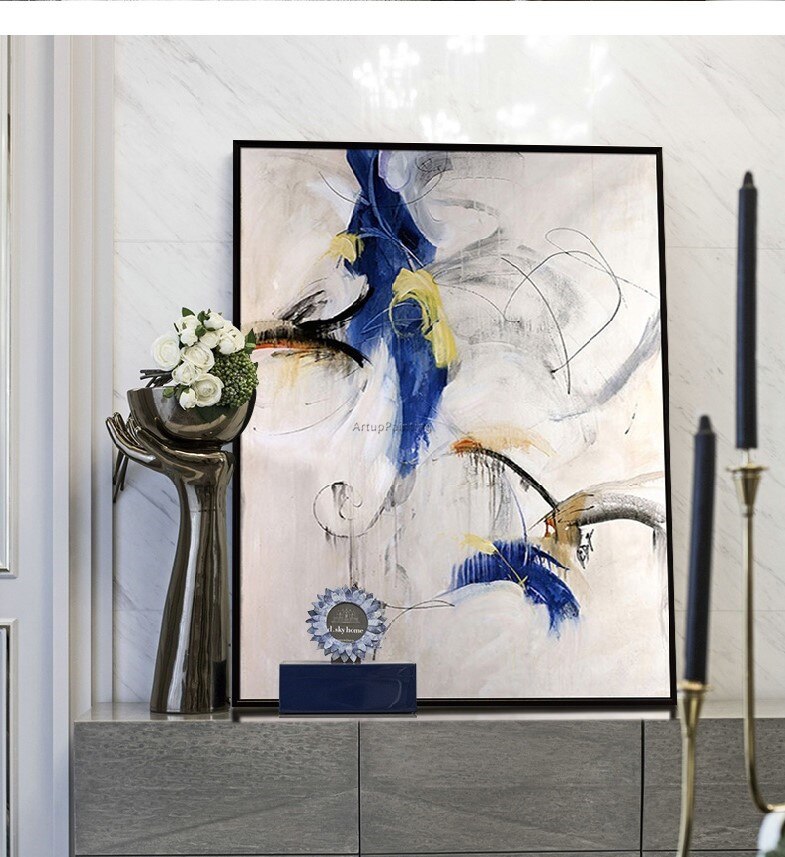 Pintura acr&iacute;lica moderna, arte azul pintado a mano sobre lienzo, im&aacute;genes art&iacute;sticas de pared originales para sala de estar, cuadros abstractos