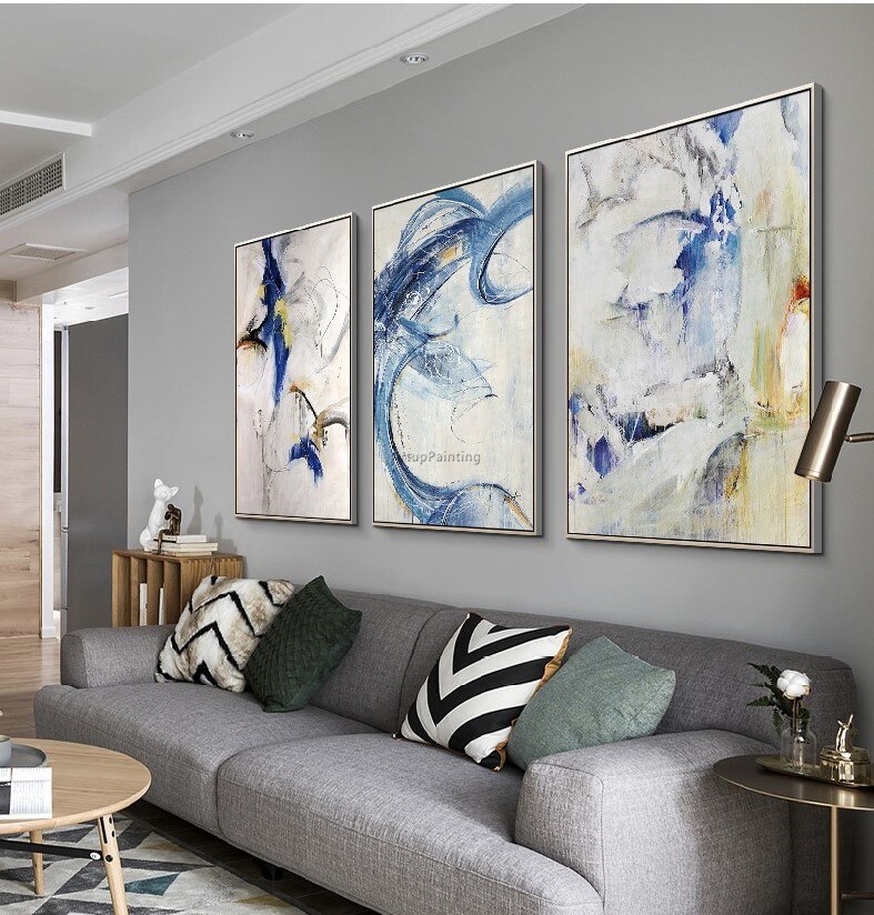 Pintura acr&iacute;lica moderna, arte azul pintado a mano sobre lienzo, im&aacute;genes art&iacute;sticas de pared originales para sala de estar, cuadros abstractos