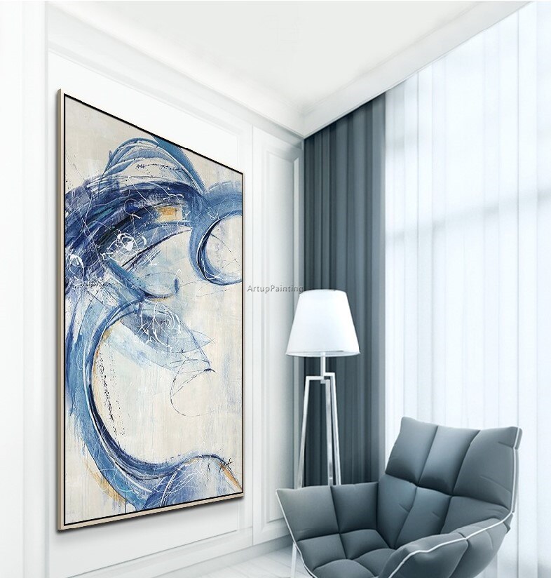 Pintura acr&iacute;lica moderna, arte azul pintado a mano sobre lienzo, im&aacute;genes art&iacute;sticas de pared originales para sala de estar, cuadros abstractos