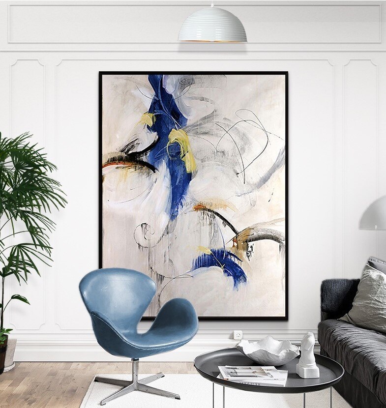 Pintura acr&iacute;lica moderna, arte azul pintado a mano sobre lienzo, im&aacute;genes art&iacute;sticas de pared originales para sala de estar, cuadros abstractos
