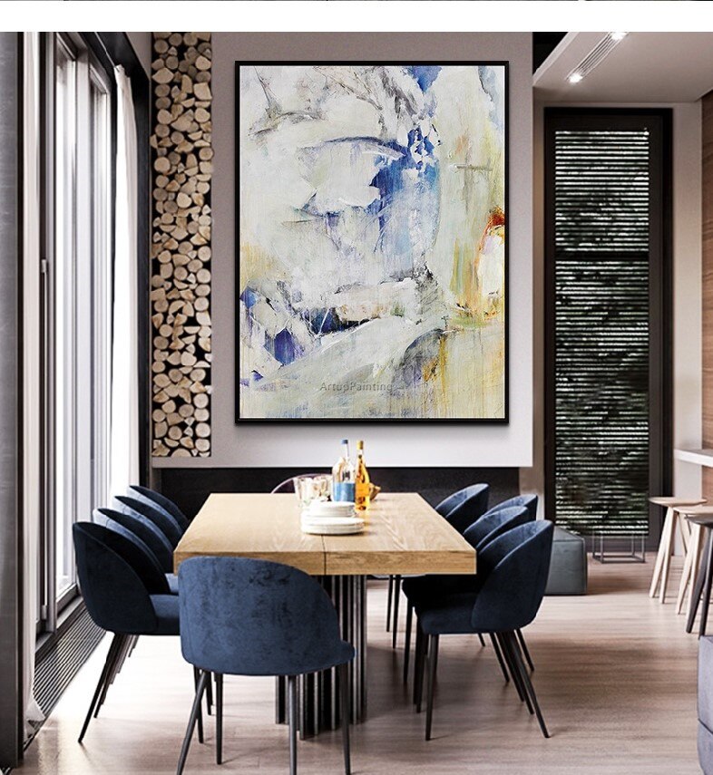 Pintura acr&iacute;lica moderna, arte azul pintado a mano sobre lienzo, im&aacute;genes art&iacute;sticas de pared originales para sala de estar, cuadros abstractos
