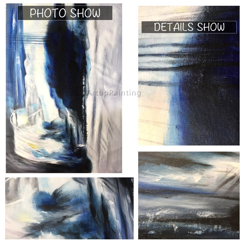 Lienzo de estilo n&oacute;rdico para decoraci&oacute;n del hogar, pintura al &oacute;leo acr&iacute;lica abstracta moderna, arte de pared grande pintado a mano, azul y gris, para sala de estar