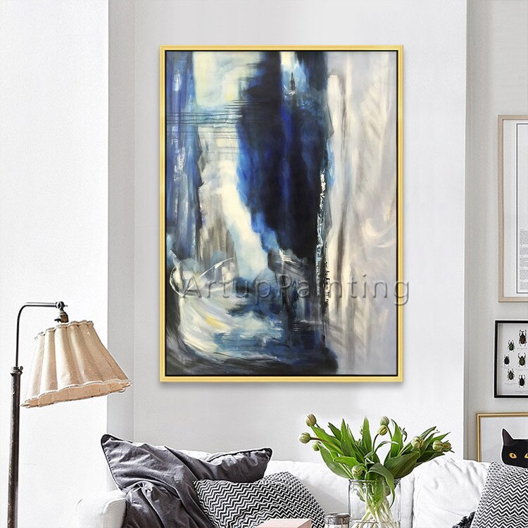 Lienzo de estilo n&oacute;rdico para decoraci&oacute;n del hogar, pintura al &oacute;leo acr&iacute;lica abstracta moderna, arte de pared grande pintado a mano, azul y gris, para sala de estar