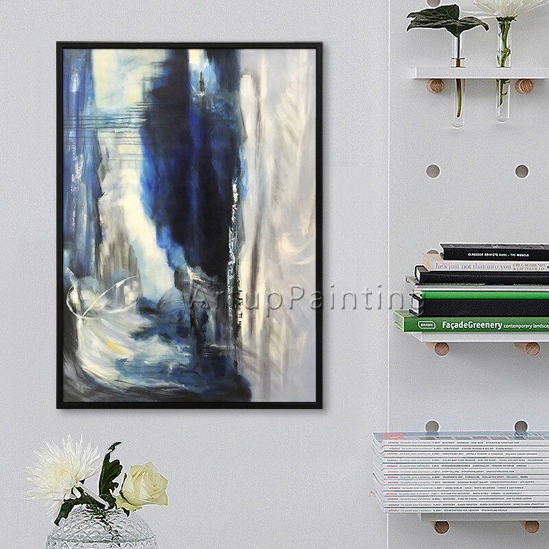 Lienzo de estilo n&oacute;rdico para decoraci&oacute;n del hogar, pintura al &oacute;leo acr&iacute;lica abstracta moderna, arte de pared grande pintado a mano, azul y gris, para sala de estar