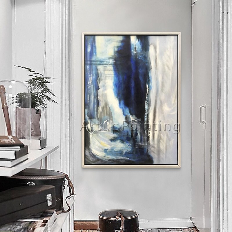 Lienzo de estilo n&oacute;rdico para decoraci&oacute;n del hogar, pintura al &oacute;leo acr&iacute;lica abstracta moderna, arte de pared grande pintado a mano, azul y gris, para sala de estar