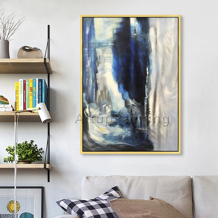Lienzo de estilo n&oacute;rdico para decoraci&oacute;n del hogar, pintura al &oacute;leo acr&iacute;lica abstracta moderna, arte de pared grande pintado a mano, azul y gris, para sala de estar