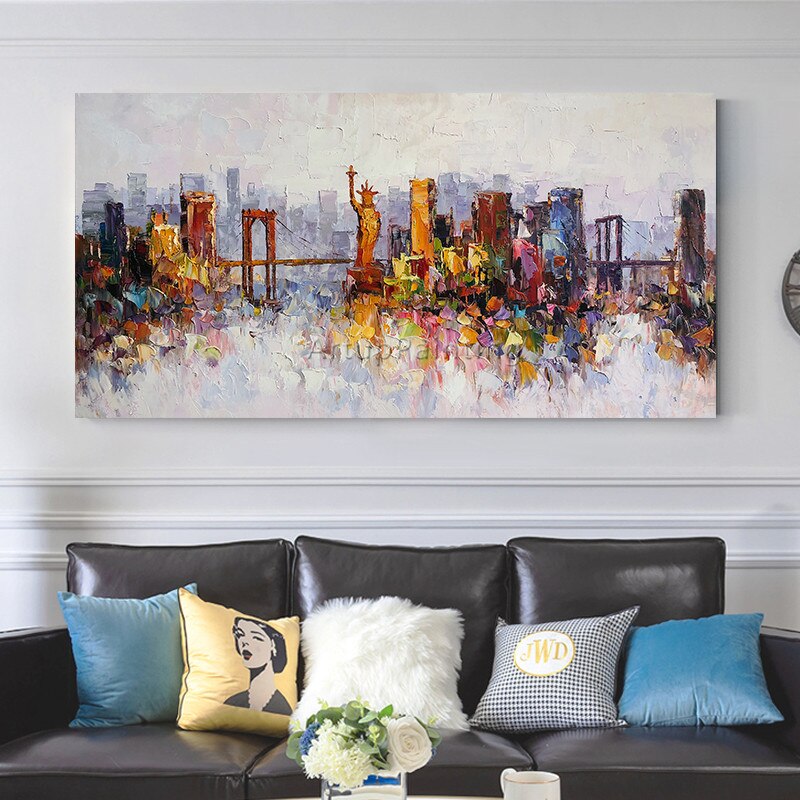 Pintura al &oacute;leo de paisaje urbano de Nueva York sobre lienzo, decoraci&oacute;n de cuadric&oacute;pteros, im&aacute;genes art&iacute;sticas de pared con textura de impasto abstracto moderno para sala de estar