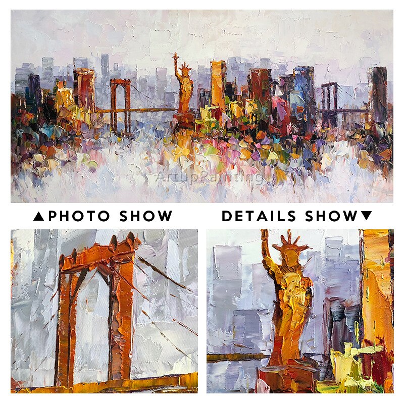 Pintura al &oacute;leo de paisaje urbano de Nueva York sobre lienzo, decoraci&oacute;n de cuadric&oacute;pteros, im&aacute;genes art&iacute;sticas de pared con textura de impasto abstracto moderno para sala de estar