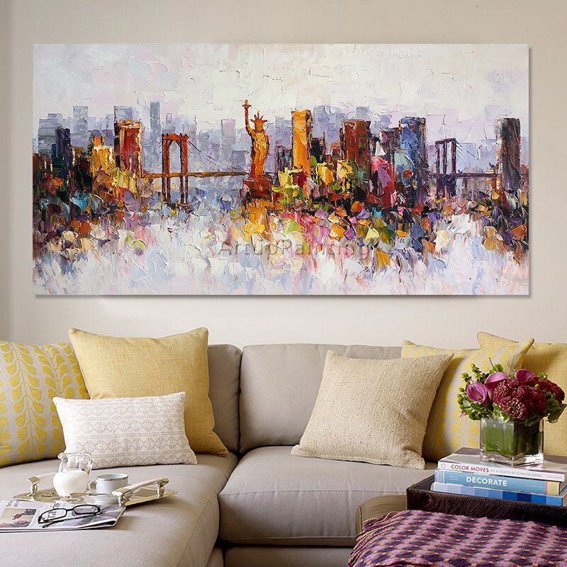 Pintura al &oacute;leo de paisaje urbano de Nueva York sobre lienzo, decoraci&oacute;n de cuadric&oacute;pteros, im&aacute;genes art&iacute;sticas de pared con textura de impasto abstracto moderno para sala de estar