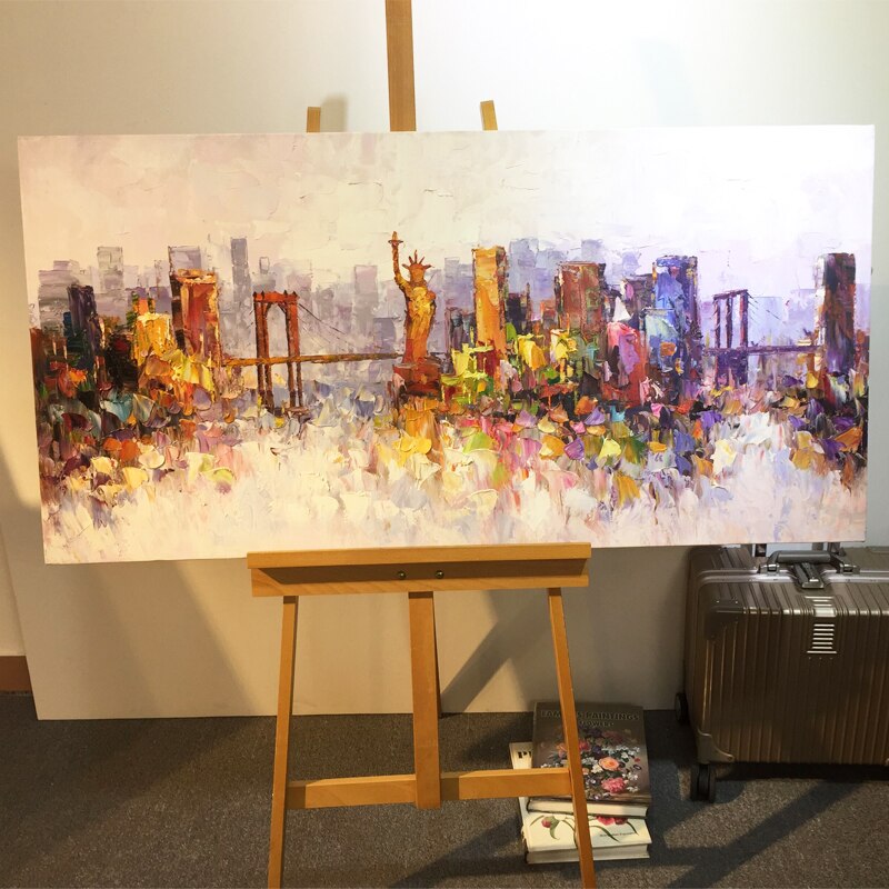 Pintura al &oacute;leo de paisaje urbano de Nueva York sobre lienzo, decoraci&oacute;n de cuadric&oacute;pteros, im&aacute;genes art&iacute;sticas de pared con textura de impasto abstracto moderno para sala de estar