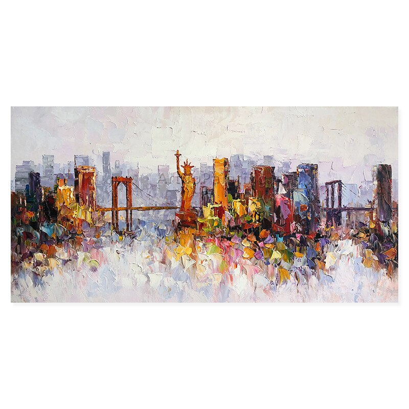 Pintura al &oacute;leo de paisaje urbano de Nueva York sobre lienzo, decoraci&oacute;n de cuadric&oacute;pteros, im&aacute;genes art&iacute;sticas de pared con textura de impasto abstracto moderno para sala de estar