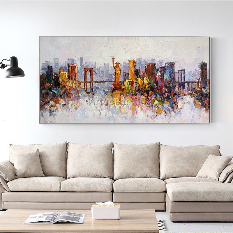 Pintura al &oacute;leo de paisaje urbano de Nueva York sobre lienzo, decoraci&oacute;n de cuadric&oacute;pteros, im&aacute;genes art&iacute;sticas de pared con textura de impasto abstracto moderno para sala de estar