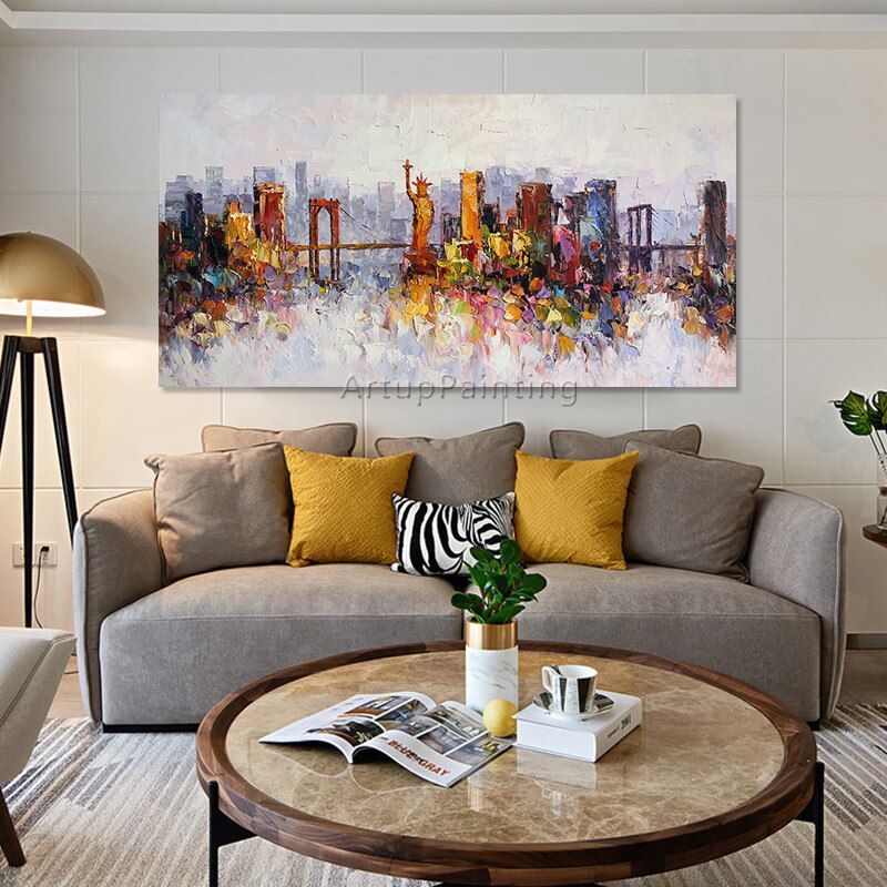 Pintura al &oacute;leo de paisaje urbano de Nueva York sobre lienzo, decoraci&oacute;n de cuadric&oacute;pteros, im&aacute;genes art&iacute;sticas de pared con textura de impasto abstracto moderno para sala de estar