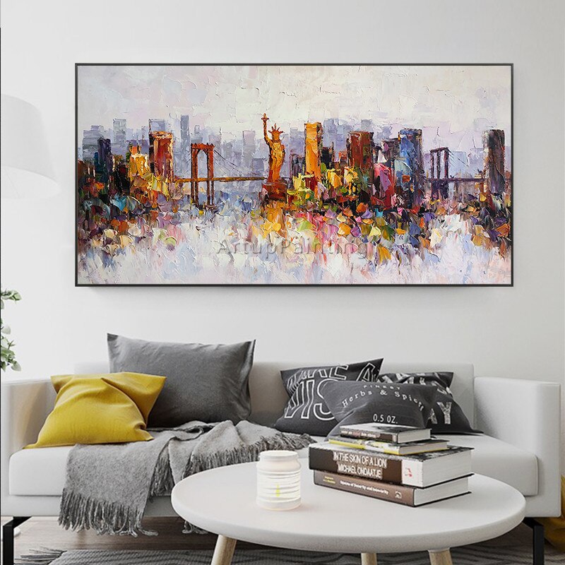 Pintura al &oacute;leo de paisaje urbano de Nueva York sobre lienzo, decoraci&oacute;n de cuadric&oacute;pteros, im&aacute;genes art&iacute;sticas de pared con textura de impasto abstracto moderno para sala de estar