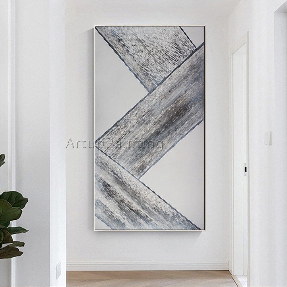Figura geom&eacute;trica abstracta moderna en gris y blanco, pintura al &oacute;leo sobre lienzo, cuadro de arte de pared pintado a mano para decoraci&oacute;n del hogar y sala de estar
