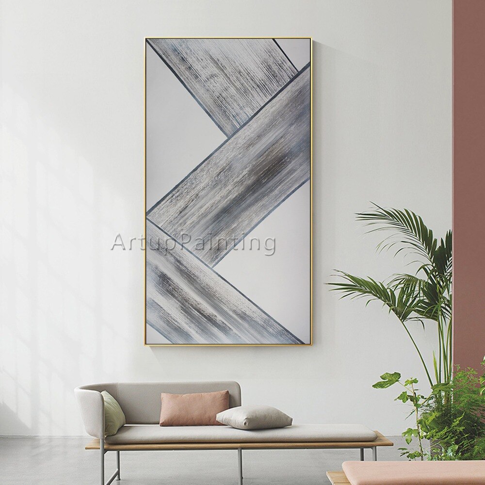Figura geom&eacute;trica abstracta moderna en gris y blanco, pintura al &oacute;leo sobre lienzo, cuadro de arte de pared pintado a mano para decoraci&oacute;n del hogar y sala de estar