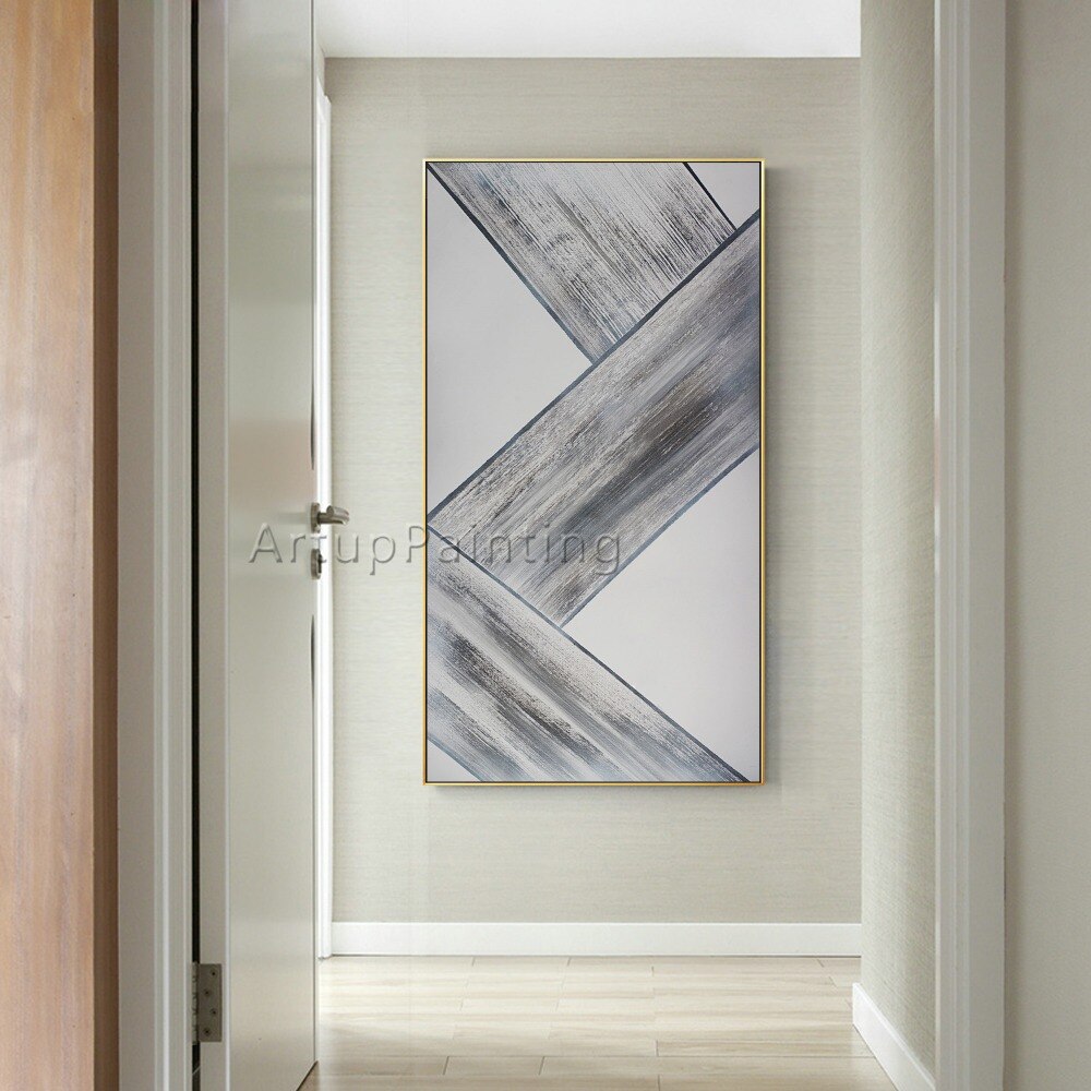 Figura geom&eacute;trica abstracta moderna en gris y blanco, pintura al &oacute;leo sobre lienzo, cuadro de arte de pared pintado a mano para decoraci&oacute;n del hogar y sala de estar