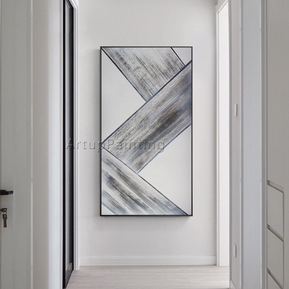 Figura geom&eacute;trica abstracta moderna en gris y blanco, pintura al &oacute;leo sobre lienzo, cuadro de arte de pared pintado a mano para decoraci&oacute;n del hogar y sala de estar