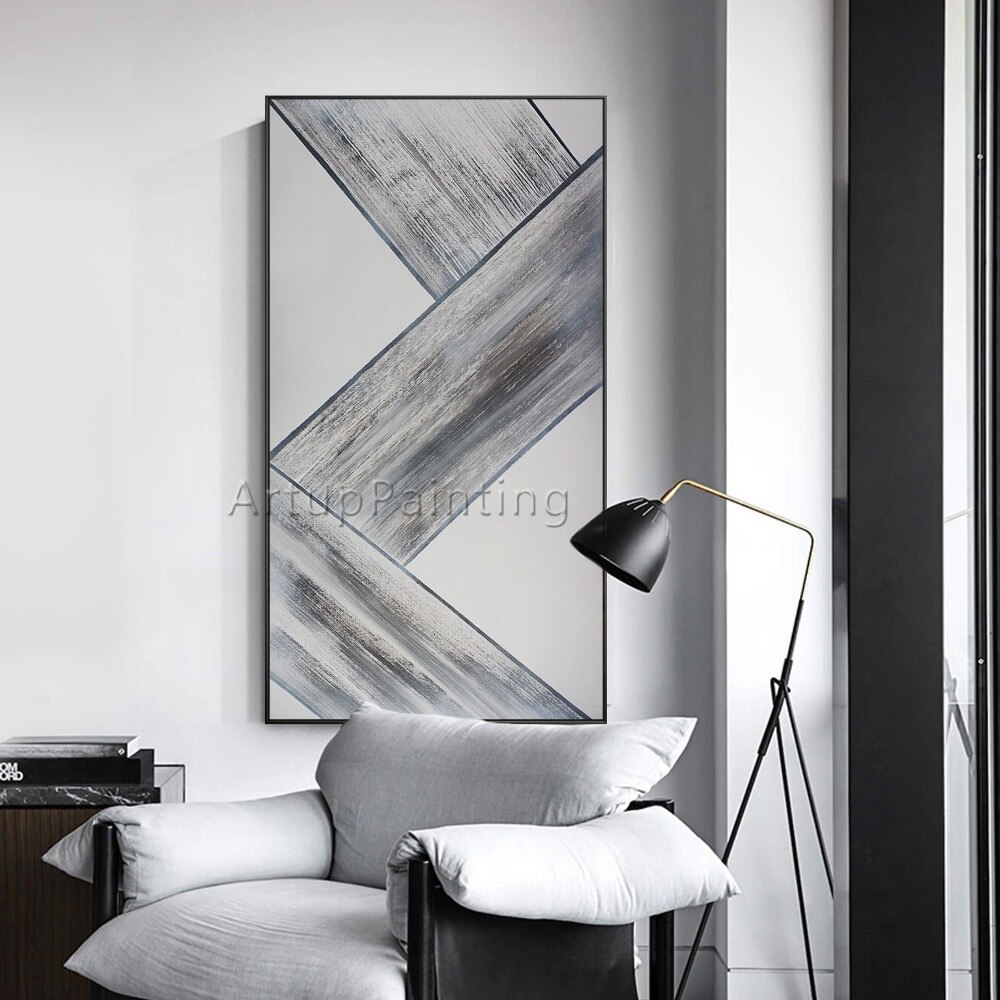 Figura geom&eacute;trica abstracta moderna en gris y blanco, pintura al &oacute;leo sobre lienzo, cuadro de arte de pared pintado a mano para decoraci&oacute;n del hogar y sala de estar