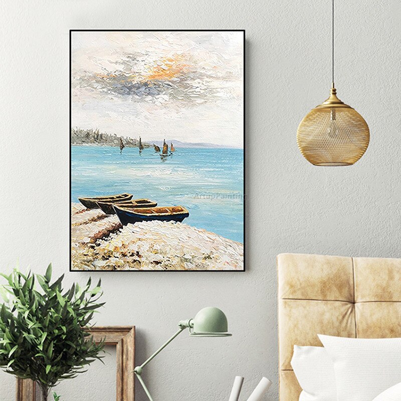 Lienzo acr&iacute;lico grande, pintura de paisaje marino azul, arte de pared abstracto moderno, decoraci&oacute;n del hogar para sala de estar