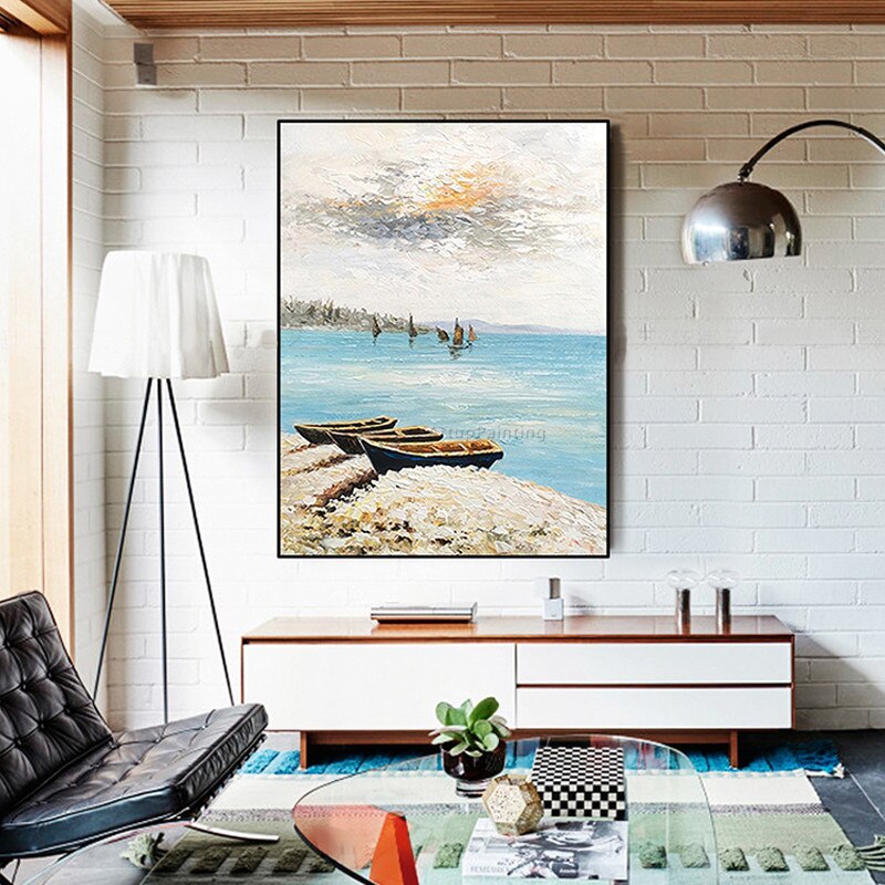 Lienzo acr&iacute;lico grande, pintura de paisaje marino azul, arte de pared abstracto moderno, decoraci&oacute;n del hogar para sala de estar