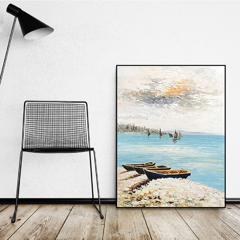 Lienzo acr&iacute;lico grande, pintura de paisaje marino azul, arte de pared abstracto moderno, decoraci&oacute;n del hogar para sala de estar