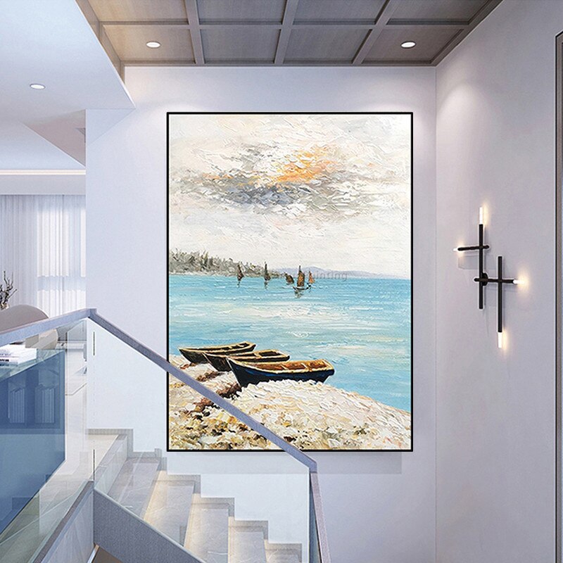 Lienzo acr&iacute;lico grande, pintura de paisaje marino azul, arte de pared abstracto moderno, decoraci&oacute;n del hogar para sala de estar