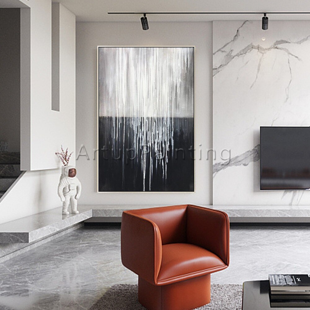 Pintura al &oacute;leo abstracta moderna para decoraci&oacute;n del hogar, lienzo pintado a mano, cuadro art&iacute;stico de pared negro, blanco y gris, papel de pared para sala de estar