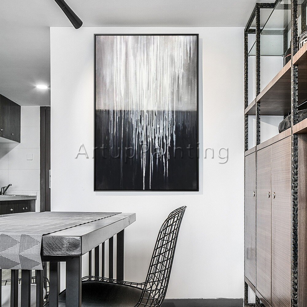 Pintura al &oacute;leo abstracta moderna para decoraci&oacute;n del hogar, lienzo pintado a mano, cuadro art&iacute;stico de pared negro, blanco y gris, papel de pared para sala de estar