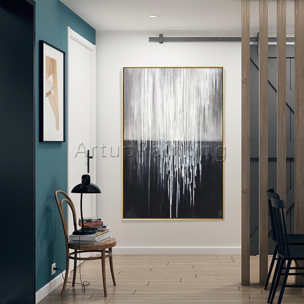 Pintura al &oacute;leo abstracta moderna para decoraci&oacute;n del hogar, lienzo pintado a mano, cuadro art&iacute;stico de pared negro, blanco y gris, papel de pared para sala de estar